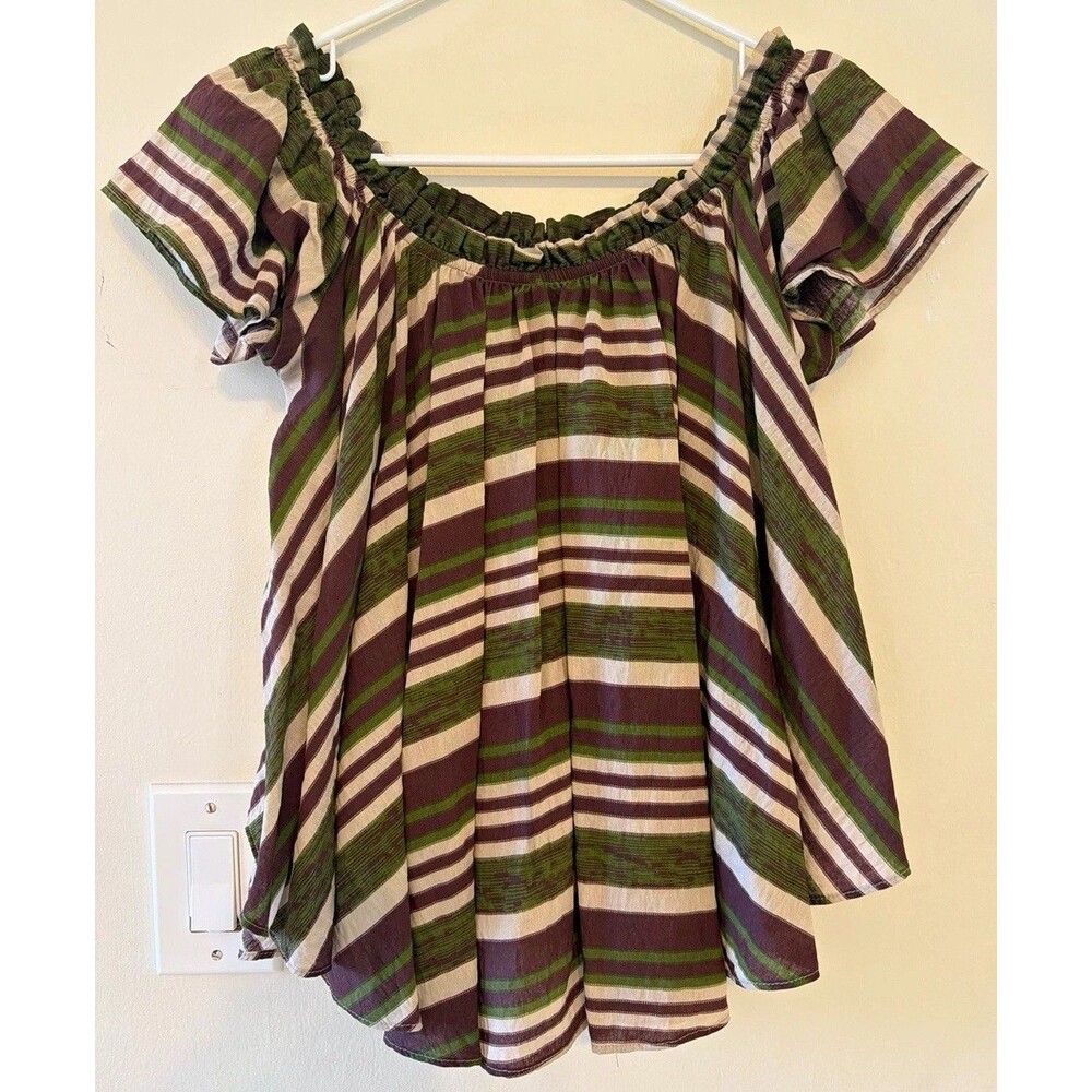 Ces Femme Striped Off Shoulder Ruffle Peasant Blouse Flutter Sleeve S